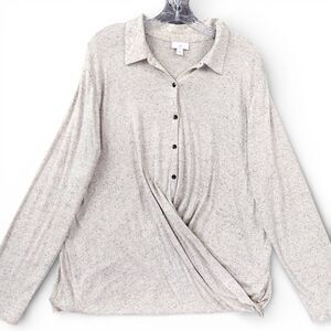 J.Jill XL Speckled Knit Button Front Shirt Top Oatmeal Beige Long Sleeve Soft Ca